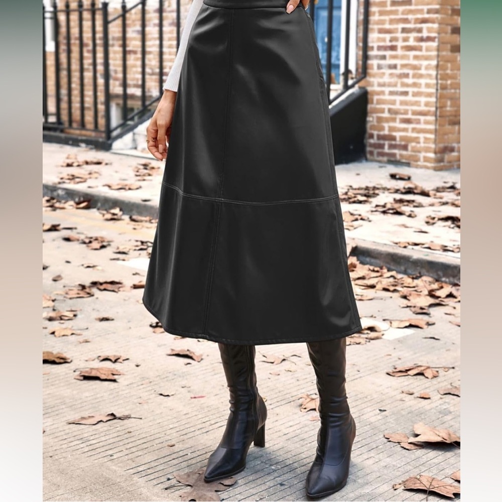 NWT Faux Leather Skirts High Waist A Line Skirt, Fall Winter Midi Skirt